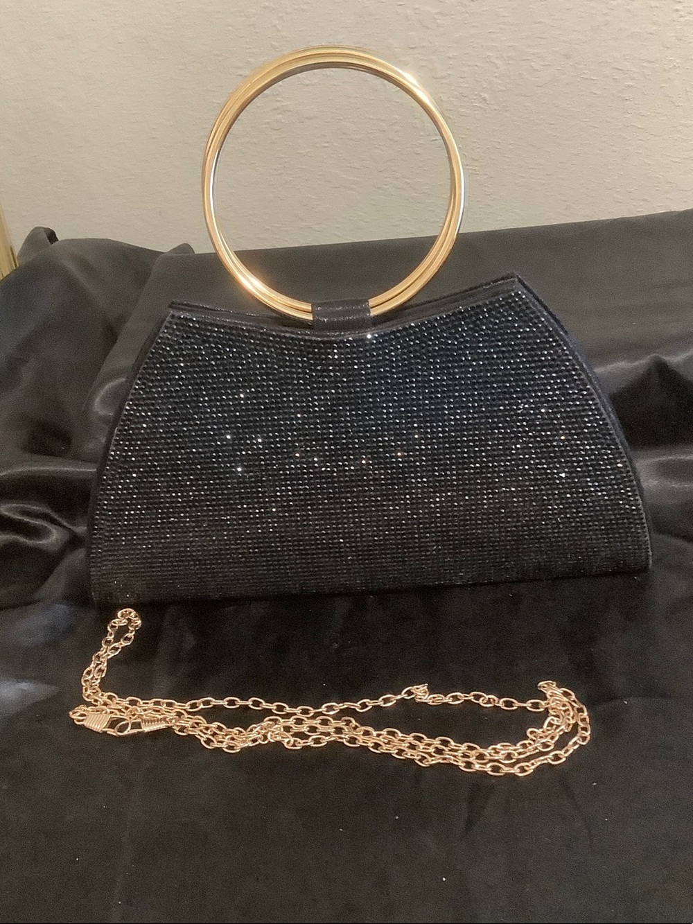Black Crystal-Embellished Evening Handbag with Gold Ring Handle